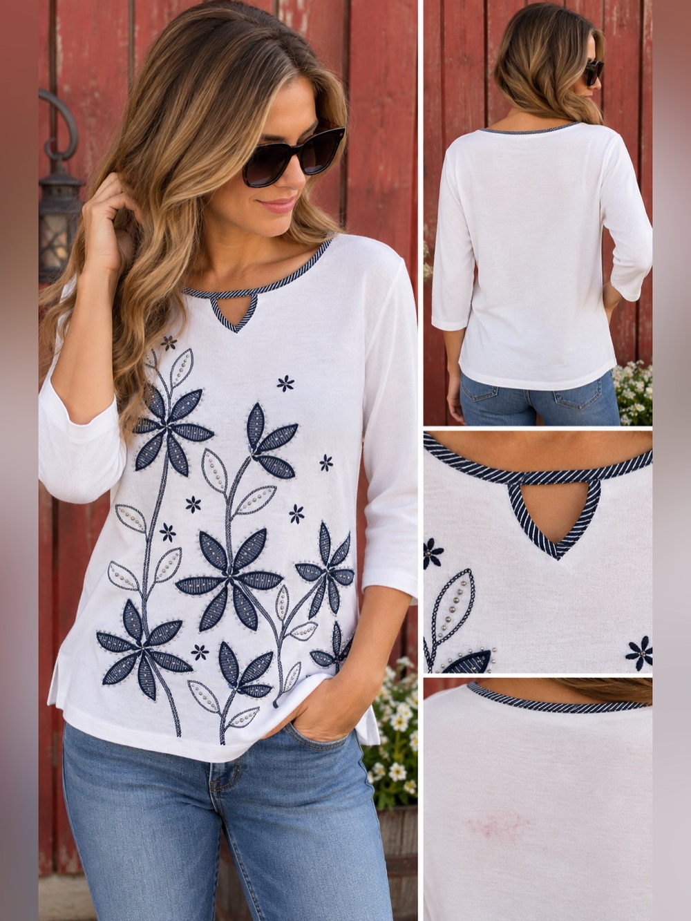 Alfred Dunner Women’s Small White Navy Floral Embroidered Beaded 3/4 Sleeve Top